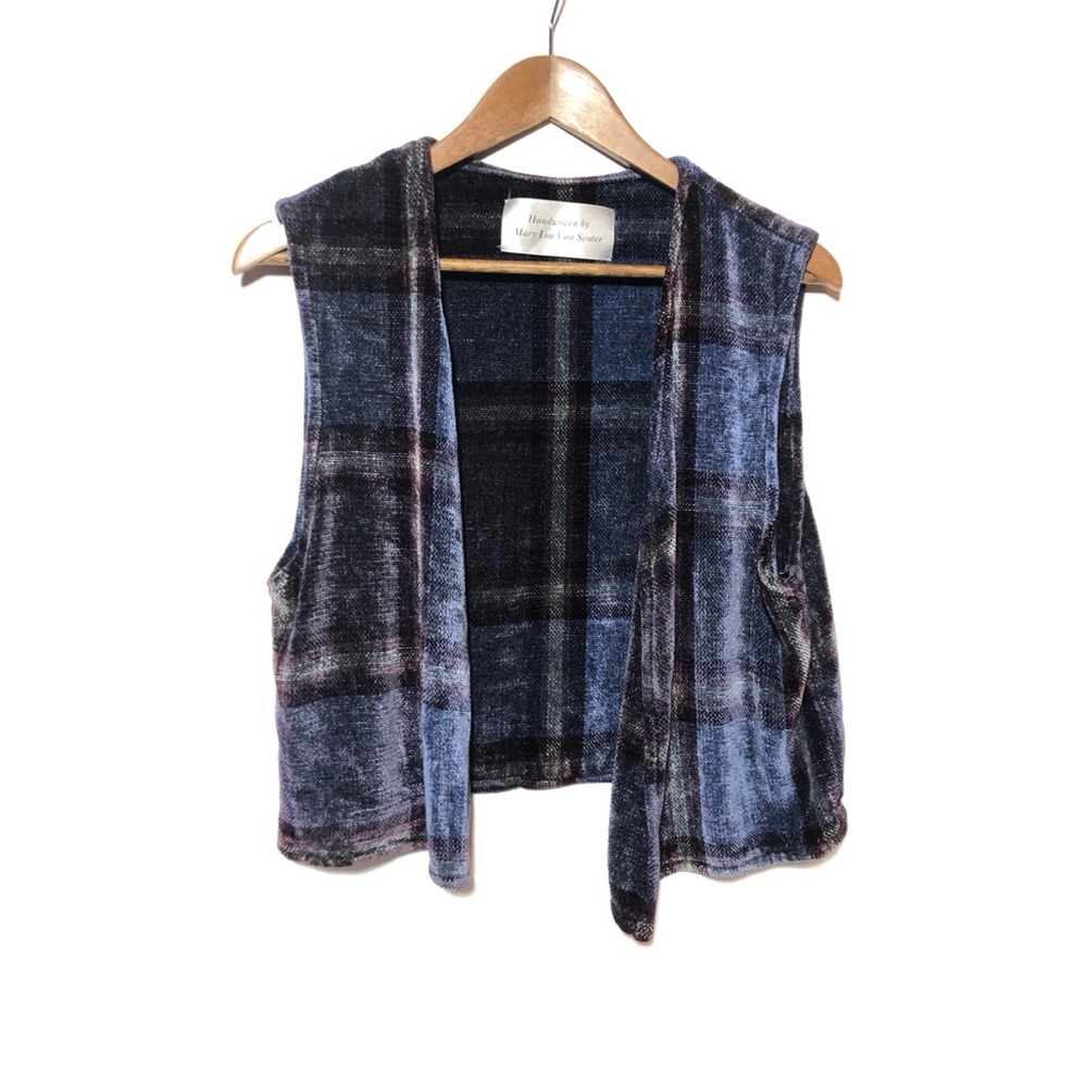 Hand knit Chenille Purple Plaid Open Front Vest